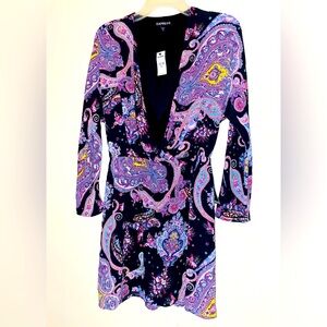 NWT Express Colorful Paisley Mini Black Dress Size Small